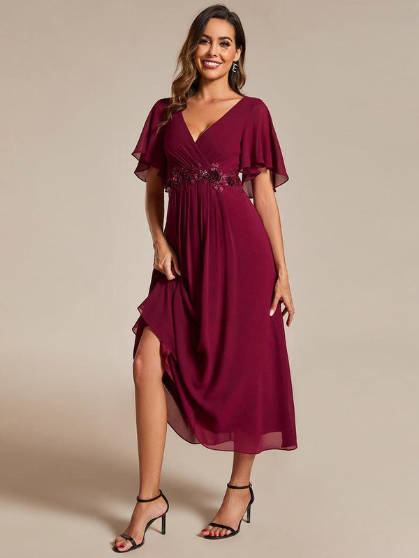 ever DAHLIA|Short Sleeves V-Neck Tea Length Wedding Guest Dress with Floral Applique