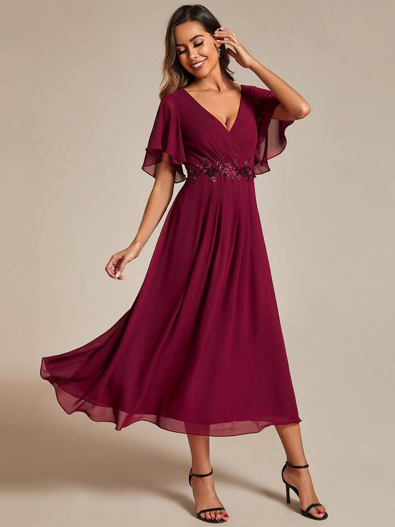 ever DAHLIA|Short Sleeves V-Neck Tea Length Wedding Guest Dress with Floral Applique