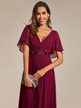 ever DAHLIA|Short Sleeves V-Neck Tea Length Wedding Guest Dress with Floral Applique