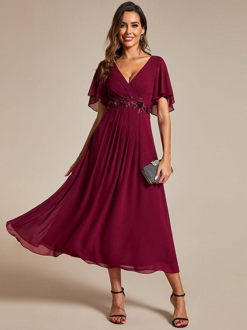 ever DAHLIA|Short Sleeves V-Neck Tea Length Wedding Guest Dress with Floral Applique