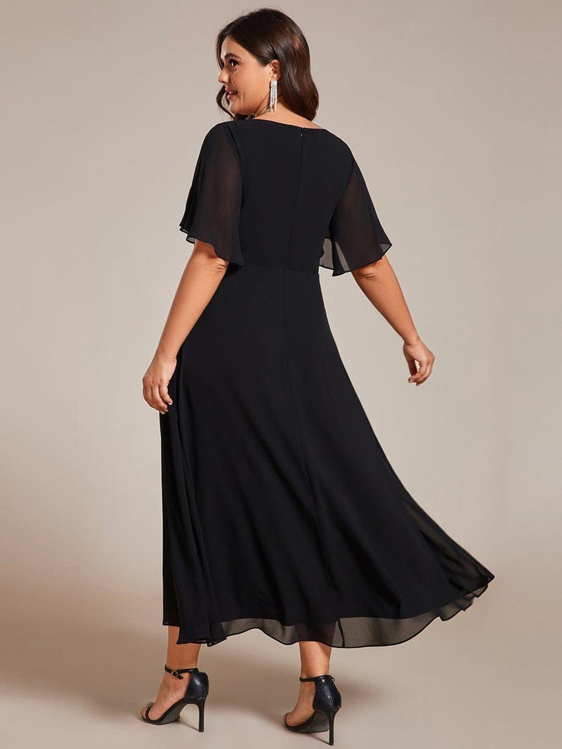 ever DAHLIA|Short Sleeves V-Neck Tea Length Wedding Guest Dress with Floral Applique