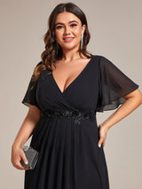 ever DAHLIA|Short Sleeves V-Neck Tea Length Wedding Guest Dress with Floral Applique
