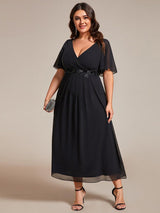 ever DAHLIA|Short Sleeves V-Neck Tea Length Wedding Guest Dress with Floral Applique