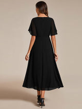 ever DAHLIA|Short Sleeves V-Neck Tea Length Wedding Guest Dress with Floral Applique