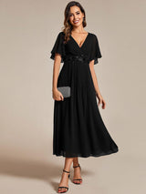 ever DAHLIA|Short Sleeves V-Neck Tea Length Wedding Guest Dress with Floral Applique