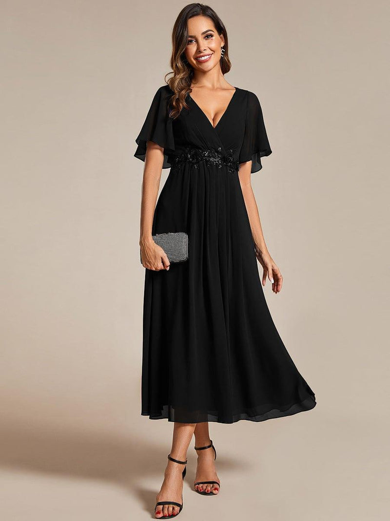 ever DAHLIA|Short Sleeves V-Neck Tea Length Wedding Guest Dress with Floral Applique