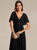 ever DAHLIA|Short Sleeves V-Neck Tea Length Wedding Guest Dress with Floral Applique