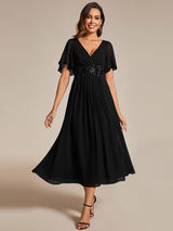 ever DAHLIA|Short Sleeves V-Neck Tea Length Wedding Guest Dress with Floral Applique