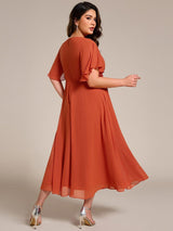 ever DAHLIA|Short Sleeves V-Neck Tea Length Wedding Guest Dress with Floral Applique