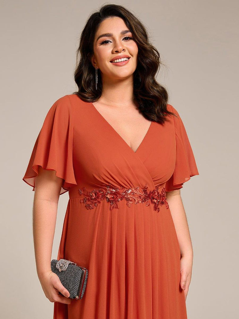 ever DAHLIA|Short Sleeves V-Neck Tea Length Wedding Guest Dress with Floral Applique