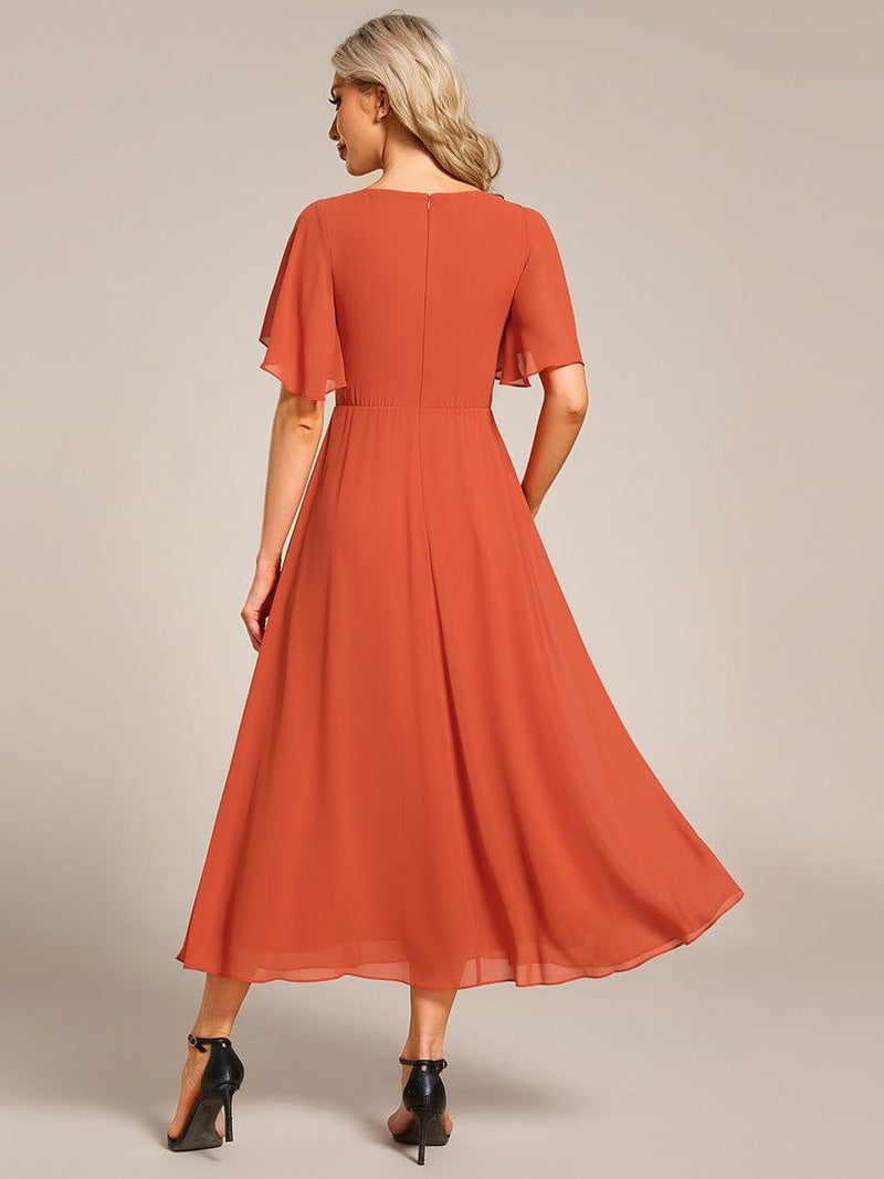 ever DAHLIA|Short Sleeves V-Neck Tea Length Wedding Guest Dress with Floral Applique