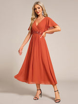 ever DAHLIA|Short Sleeves V-Neck Tea Length Wedding Guest Dress with Floral Applique