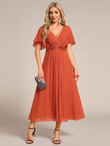 ever DAHLIA|Short Sleeves V-Neck Tea Length Wedding Guest Dress with Floral Applique
