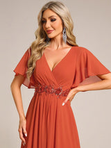 ever DAHLIA|Short Sleeves V-Neck Tea Length Wedding Guest Dress with Floral Applique