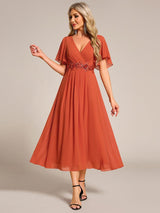 ever DAHLIA|Short Sleeves V-Neck Tea Length Wedding Guest Dress with Floral Applique