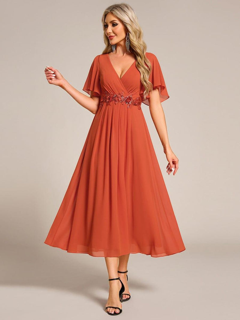 ever DAHLIA|Short Sleeves V-Neck Tea Length Wedding Guest Dress with Floral Applique