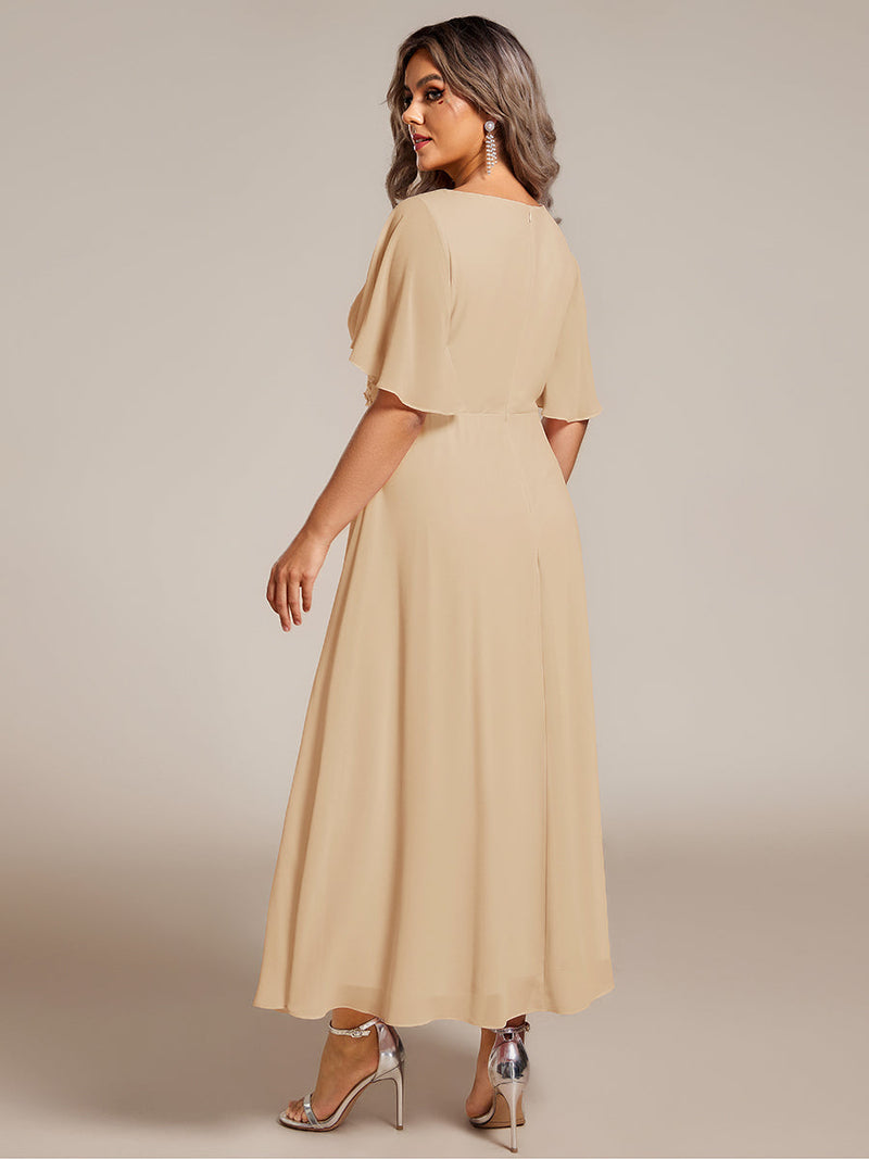 ever DAHLIA|Short Sleeves V-Neck Tea Length Wedding Guest Dress with Floral Applique