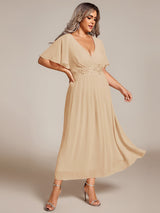 ever DAHLIA|Short Sleeves V-Neck Tea Length Wedding Guest Dress with Floral Applique