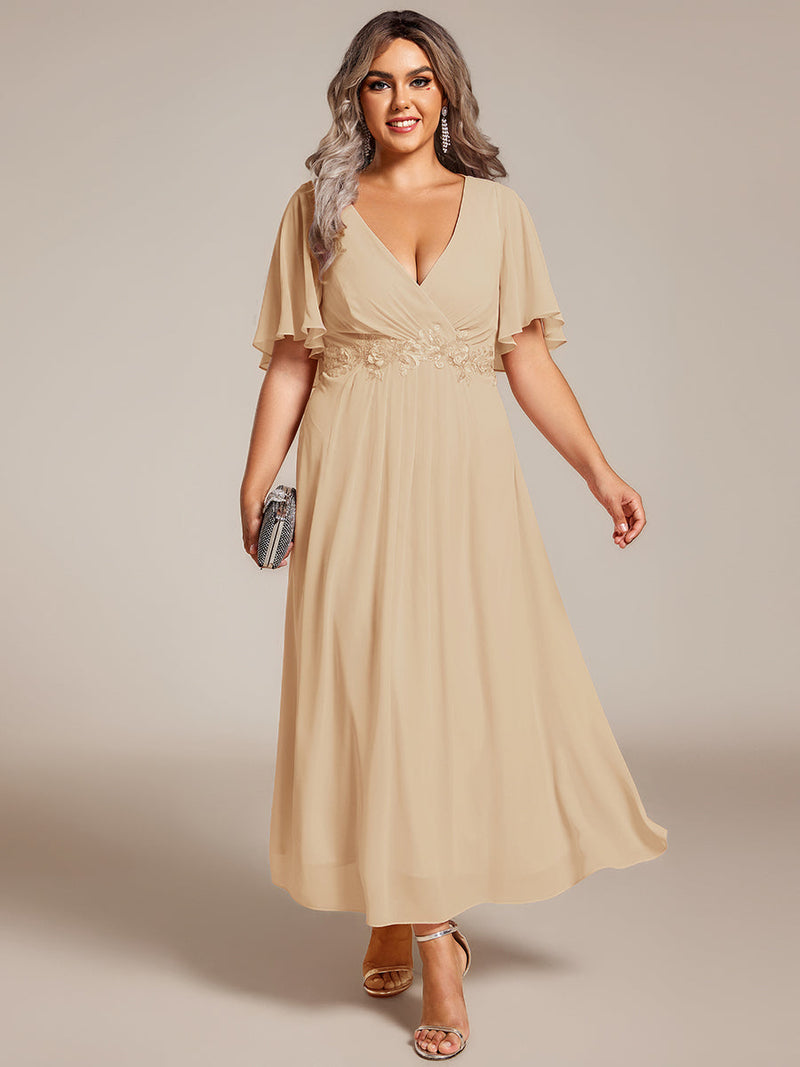 ever DAHLIA|Short Sleeves V-Neck Tea Length Wedding Guest Dress with Floral Applique