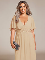ever DAHLIA|Short Sleeves V-Neck Tea Length Wedding Guest Dress with Floral Applique