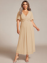 ever DAHLIA|Short Sleeves V-Neck Tea Length Wedding Guest Dress with Floral Applique