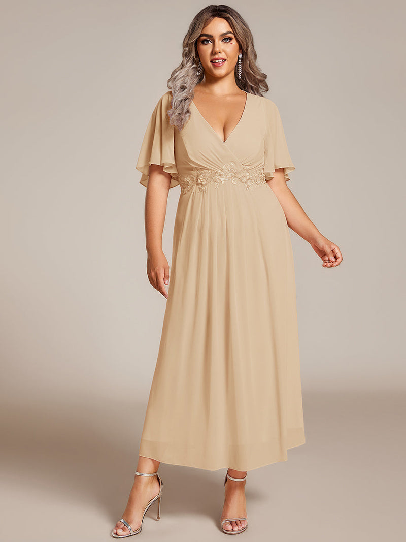 ever DAHLIA|Short Sleeves V-Neck Tea Length Wedding Guest Dress with Floral Applique