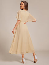 ever DAHLIA|Short Sleeves V-Neck Tea Length Wedding Guest Dress with Floral Applique