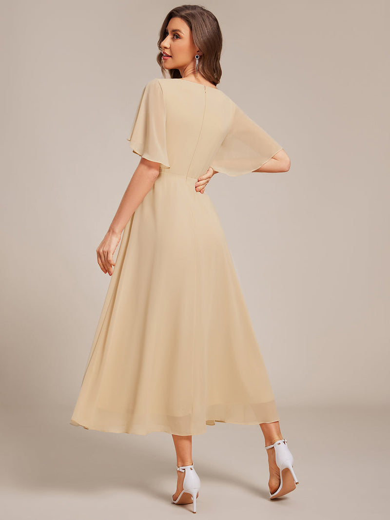 ever DAHLIA|Short Sleeves V-Neck Tea Length Wedding Guest Dress with Floral Applique