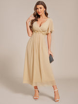 ever DAHLIA|Short Sleeves V-Neck Tea Length Wedding Guest Dress with Floral Applique