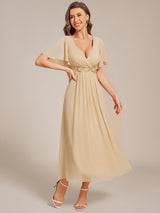 ever DAHLIA|Short Sleeves V-Neck Tea Length Wedding Guest Dress with Floral Applique
