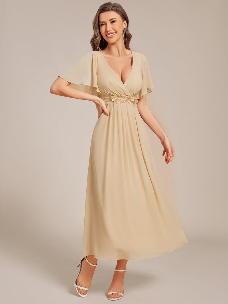 ever DAHLIA|Short Sleeves V-Neck Tea Length Wedding Guest Dress with Floral Applique