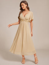 ever DAHLIA|Short Sleeves V-Neck Tea Length Wedding Guest Dress with Floral Applique