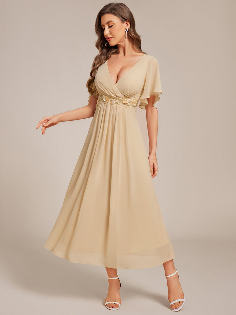 ever DAHLIA|Short Sleeves V-Neck Tea Length Wedding Guest Dress with Floral Applique