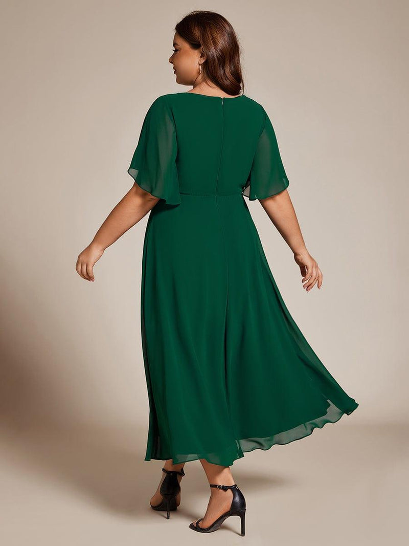 ever DAHLIA|Short Sleeves V-Neck Tea Length Wedding Guest Dress with Floral Applique