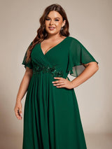 ever DAHLIA|Short Sleeves V-Neck Tea Length Wedding Guest Dress with Floral Applique