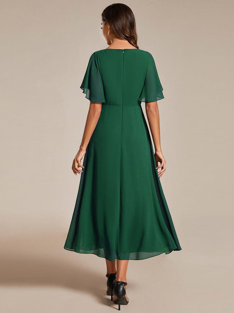 ever DAHLIA|Short Sleeves V-Neck Tea Length Wedding Guest Dress with Floral Applique