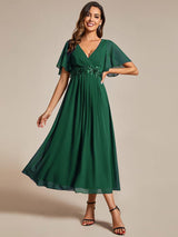 ever DAHLIA|Short Sleeves V-Neck Tea Length Wedding Guest Dress with Floral Applique