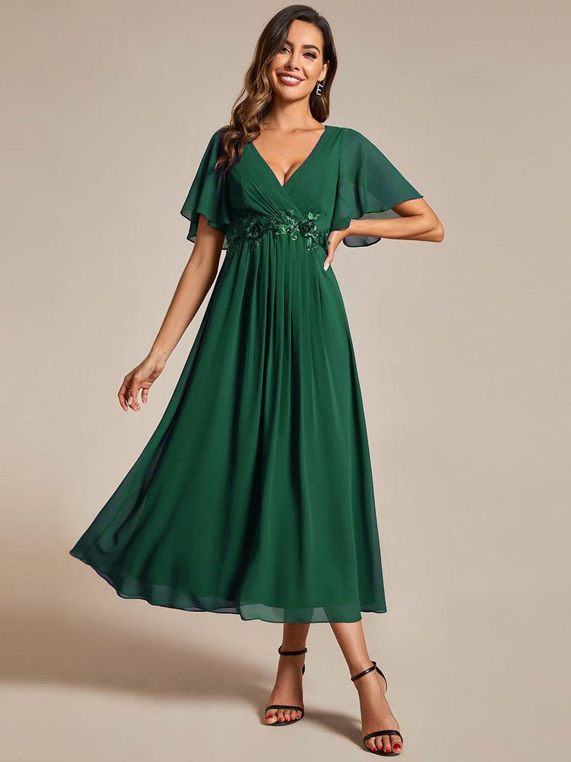 ever DAHLIA|Short Sleeves V-Neck Tea Length Wedding Guest Dress with Floral Applique