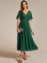 ever DAHLIA|Short Sleeves V-Neck Tea Length Wedding Guest Dress with Floral Applique