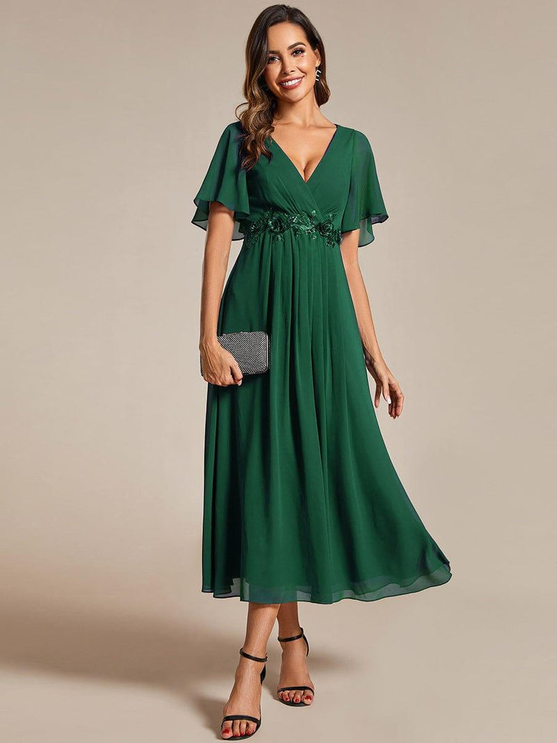 ever DAHLIA|Short Sleeves V-Neck Tea Length Wedding Guest Dress with Floral Applique
