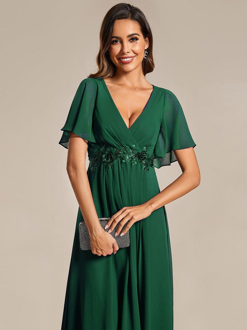 ever DAHLIA|Short Sleeves V-Neck Tea Length Wedding Guest Dress with Floral Applique