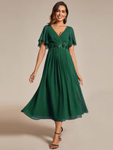 ever DAHLIA|Short Sleeves V-Neck Tea Length Wedding Guest Dress with Floral Applique