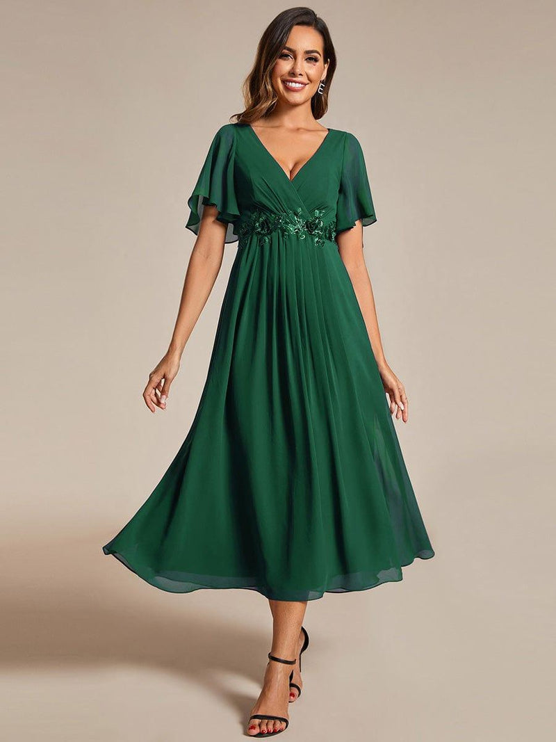 ever DAHLIA|Short Sleeves V-Neck Tea Length Wedding Guest Dress with Floral Applique