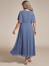 ever DAHLIA|Short Sleeves V-Neck Tea Length Wedding Guest Dress with Floral Applique