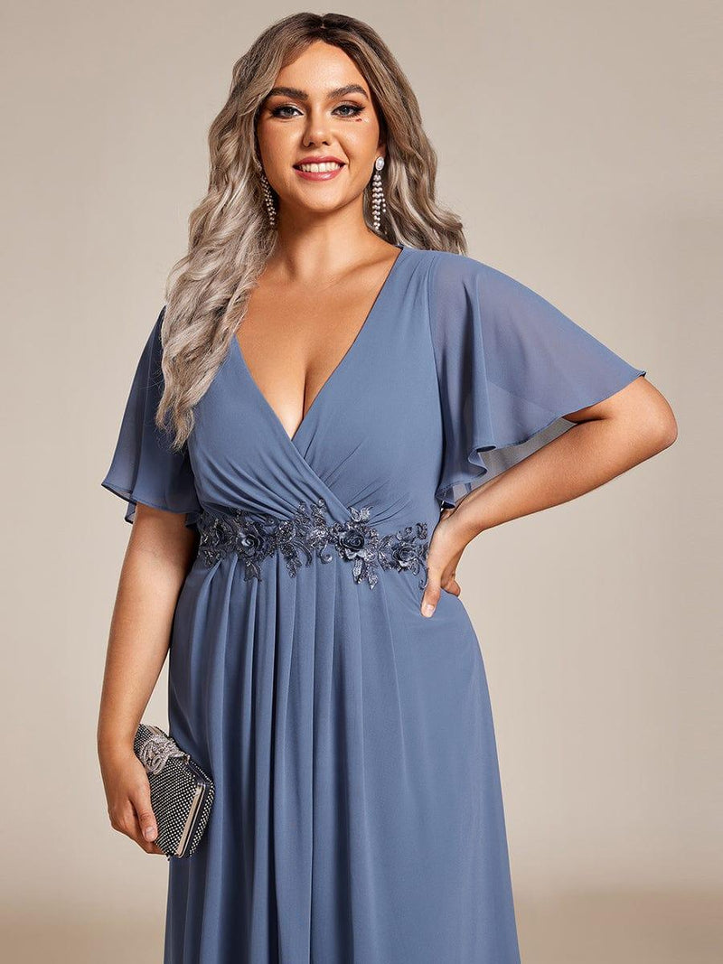 ever DAHLIA|Short Sleeves V-Neck Tea Length Wedding Guest Dress with Floral Applique
