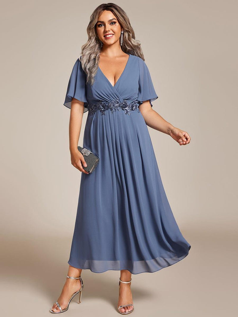 ever DAHLIA|Short Sleeves V-Neck Tea Length Wedding Guest Dress with Floral Applique