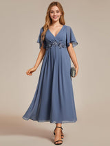 ever DAHLIA|Short Sleeves V-Neck Tea Length Wedding Guest Dress with Floral Applique