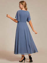 ever DAHLIA|Short Sleeves V-Neck Tea Length Wedding Guest Dress with Floral Applique