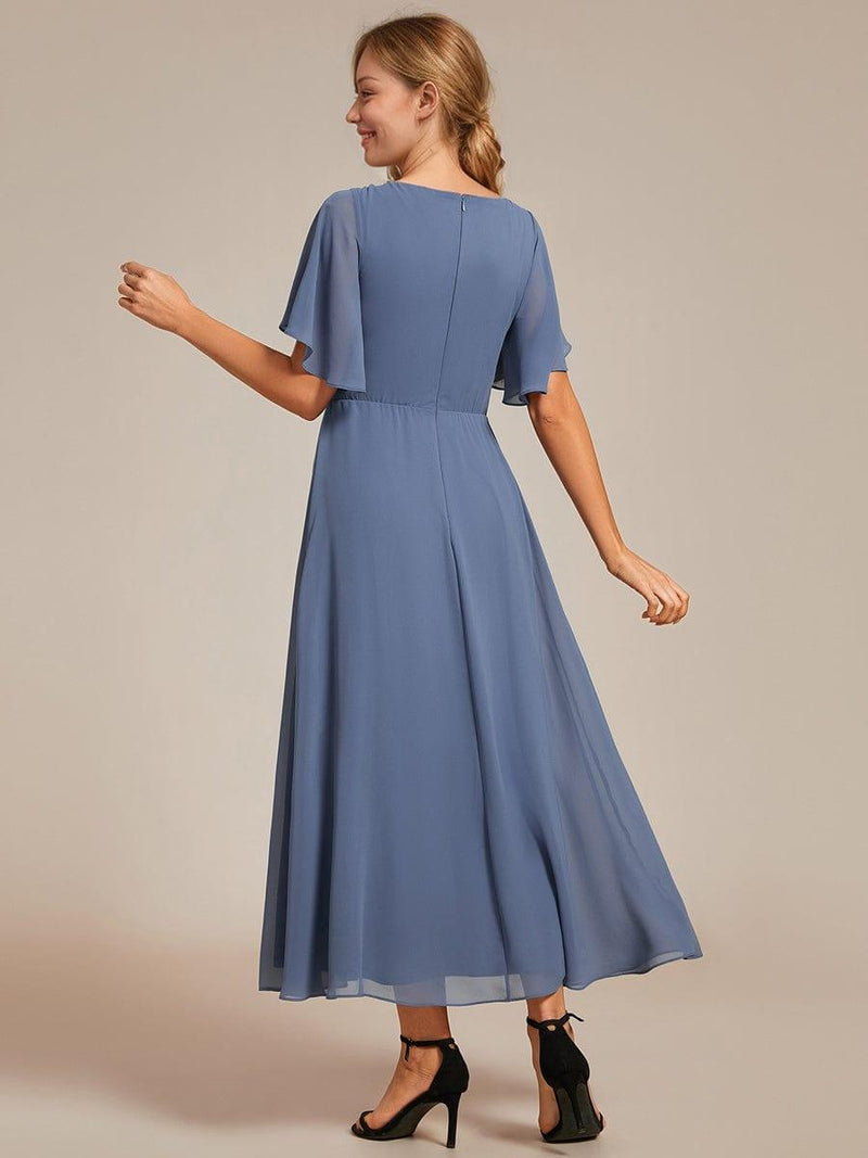 ever DAHLIA|Short Sleeves V-Neck Tea Length Wedding Guest Dress with Floral Applique