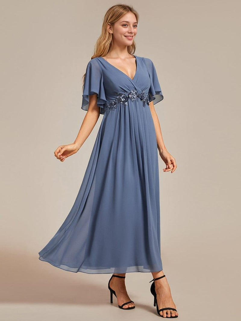 ever DAHLIA|Short Sleeves V-Neck Tea Length Wedding Guest Dress with Floral Applique